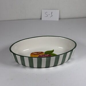 Laurie Gates Ceramic Oval Serving Bowl Apple Motif Green Stripe S-1